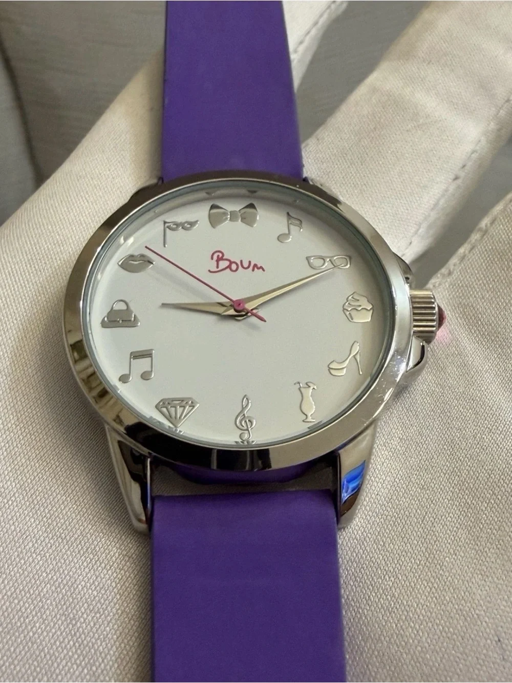 BOUM Women's Quartz Watch White Dial Purple Silicone Strap Silver Charms 38mm